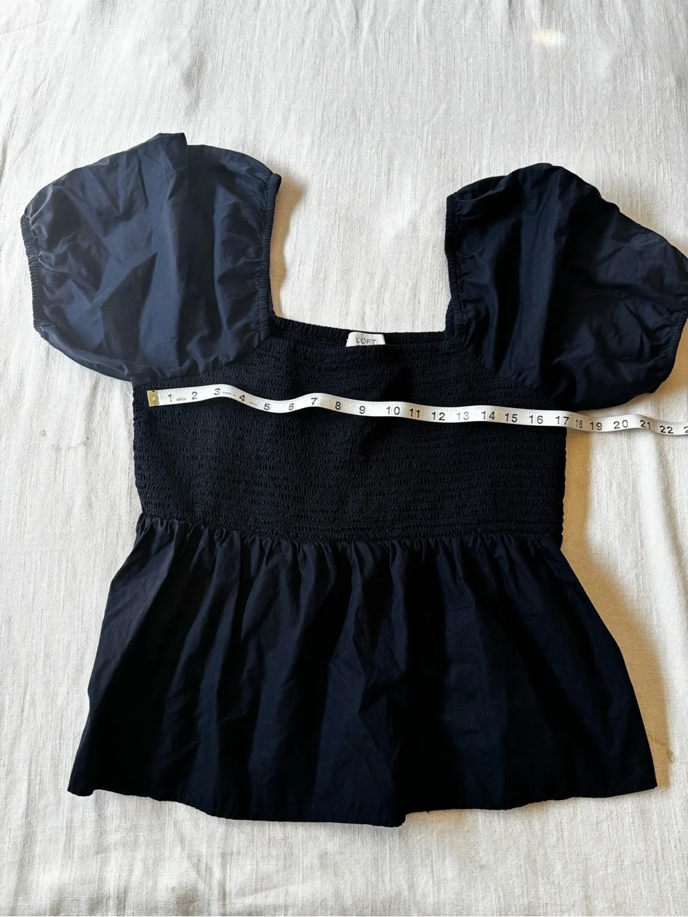 LOFT Navy Square-Neck Cotton Smocked Peplum Puff Sleeve Top Size Large